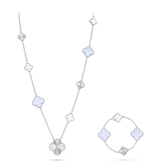 [Luxe]DETACHABLE CLOVER 15(11+4) FLOWER SILVER NECKLACE SET